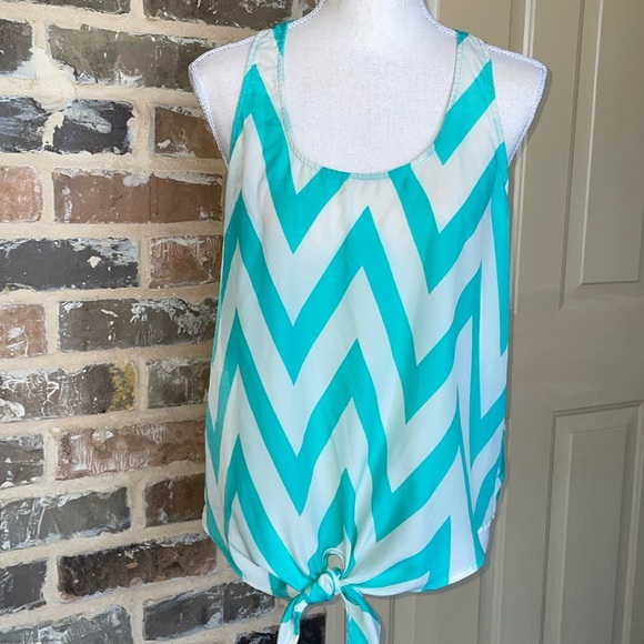 TIMING Mint Turquoise & Ivory Cream Zigzag Chevron Racerback Tie Waist Tank Sz L - Picture 2 of 10
